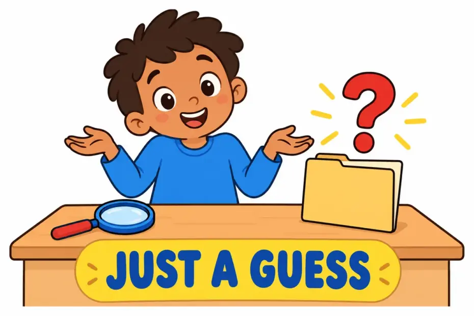 Cartoon child shrugs beside a floating question mark over an empty fact file, showing speculative in a sentence as a guess.