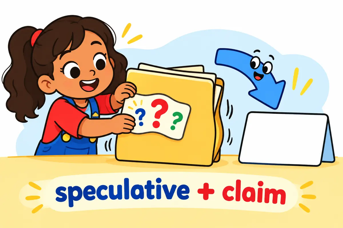 A cartoon girl sticks a wobbly label reading speculative onto a thin file bulging with question marks.