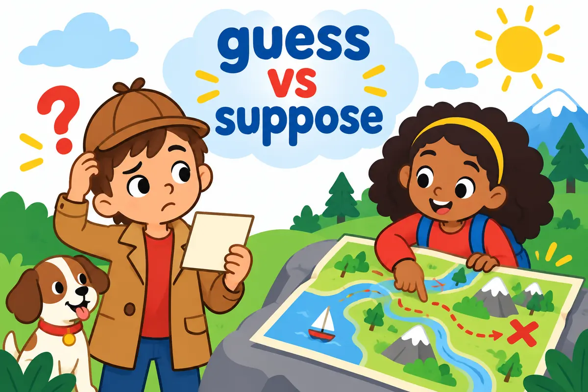 A cartoon single continuous scene contrasts a detective guessing an answer with a child imagining a pretend trip on a map.