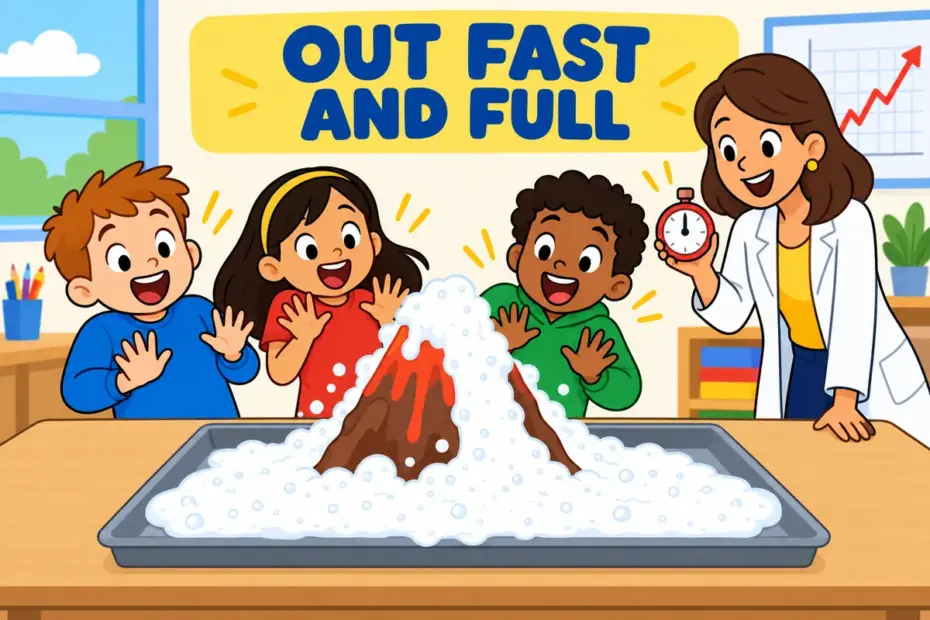 Cartoon children watch a model volcano push out a heap of foam, showing spew out in a sentence as a fast, forceful release.