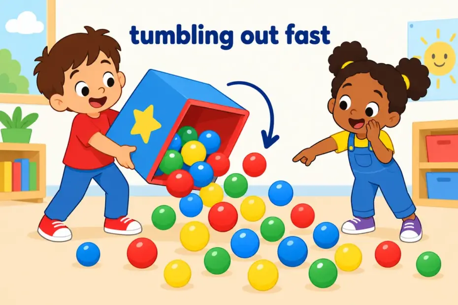 Cartoon children watch bright balls spill out of an upturned box, teaching spill out in a sentence as a fast escape.