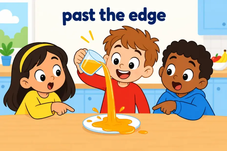 A cartoon cup overflows onto a saucer as children react, showing spill over in a sentence as passing the edge.