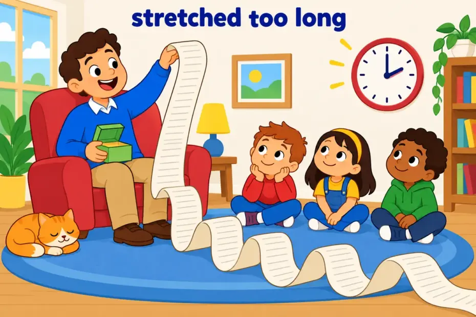 Cartoon children watch a storyteller pull a long ribbon of words across a room, illustrating spin out in a sentence as stretching time.