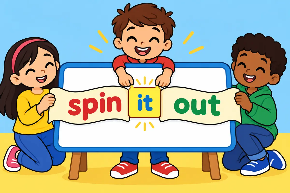 A cartoon storyteller pulls a long ribbon of words while a short pronoun card sits in the gap between spin and out.