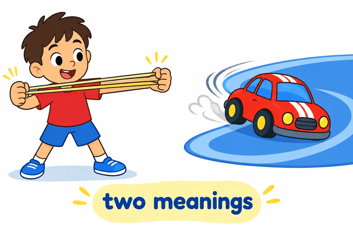 A cartoon split scene contrasts a child stretching a long rubber band with a small toy car skidding in a curve.