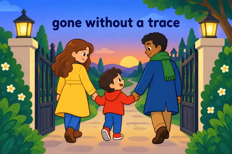 Cartoon child is quietly led through a gate at dusk, showing spirit away in a sentence as secret removal.