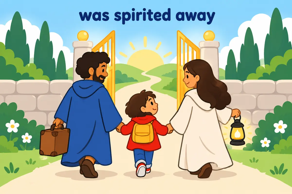 A cartoon child is quietly led away through a gate by two figures in long coats.