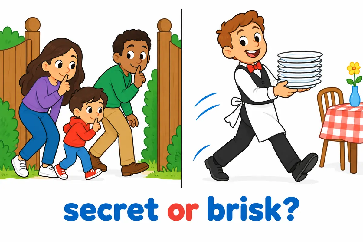 A cartoon split scene contrasts a figure leading a child quietly through a gate with a waiter carrying plates.