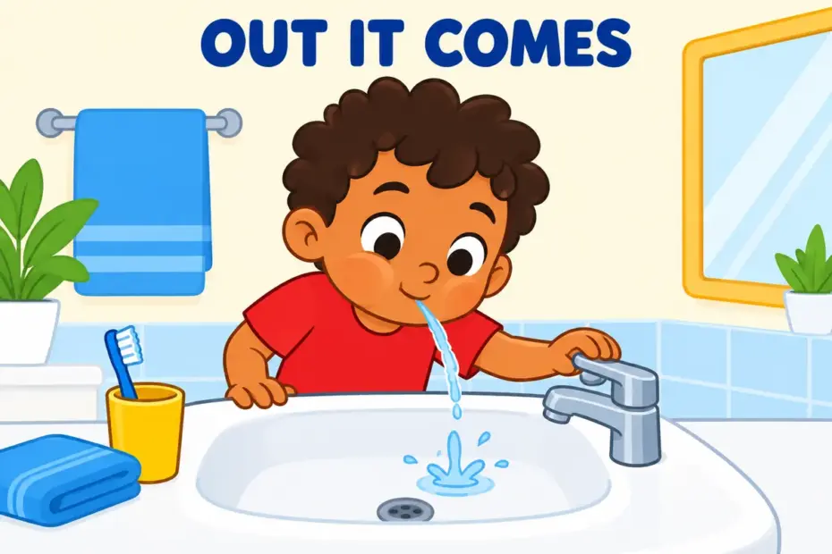 Cartoon child at a bathroom sink spits a mouthful of water into the basin, illustrating spit out in a sentence as ejecting from the mouth.