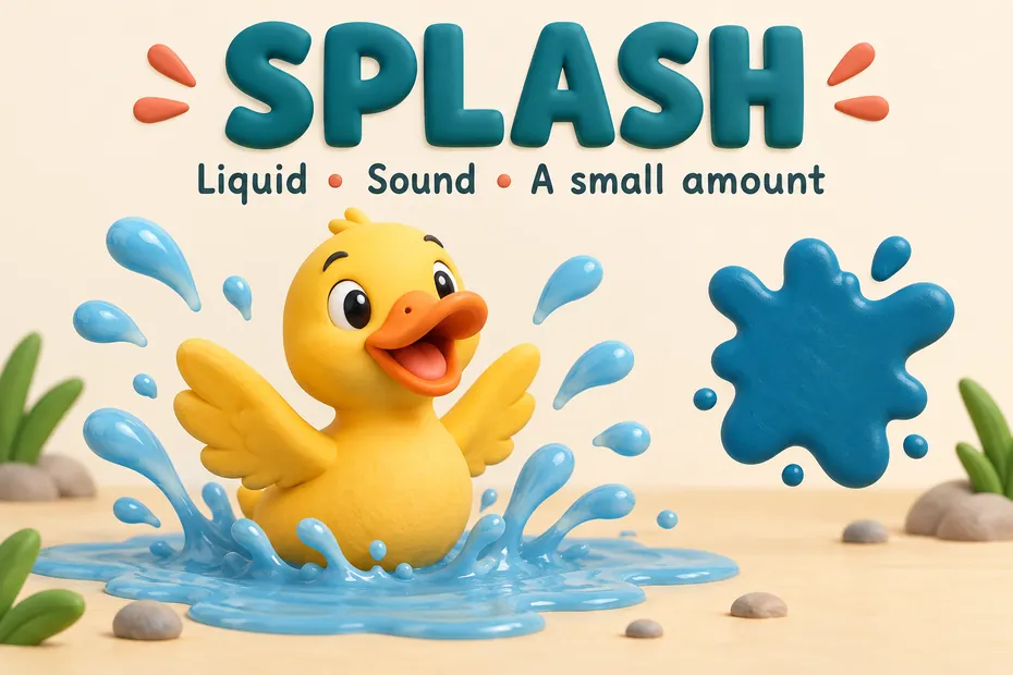 Splash can describe liquid, a sound, or a small amount.