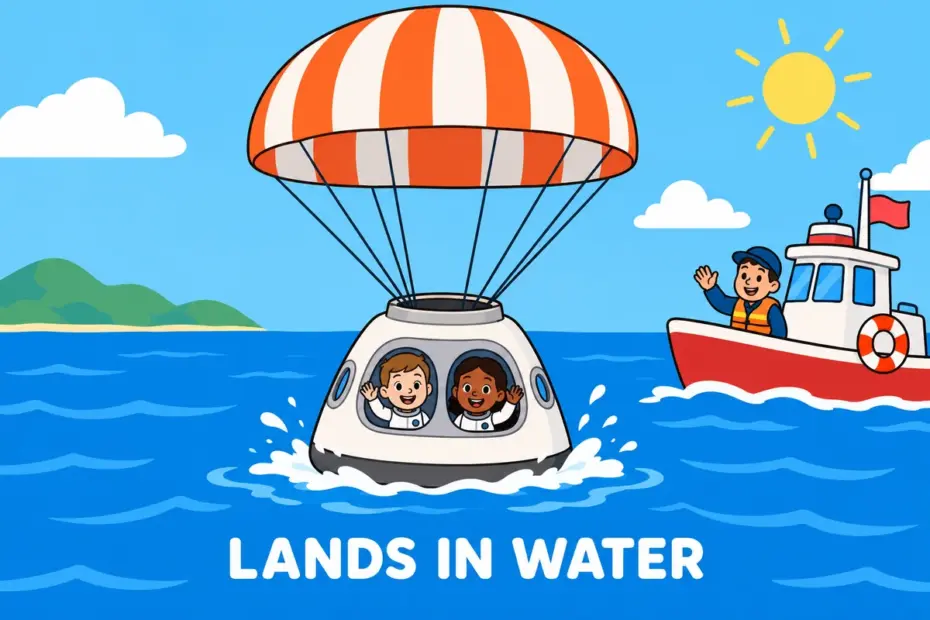 A cartoon capsule floats in the sea under open parachutes, showing splash down in a sentence as a water landing.