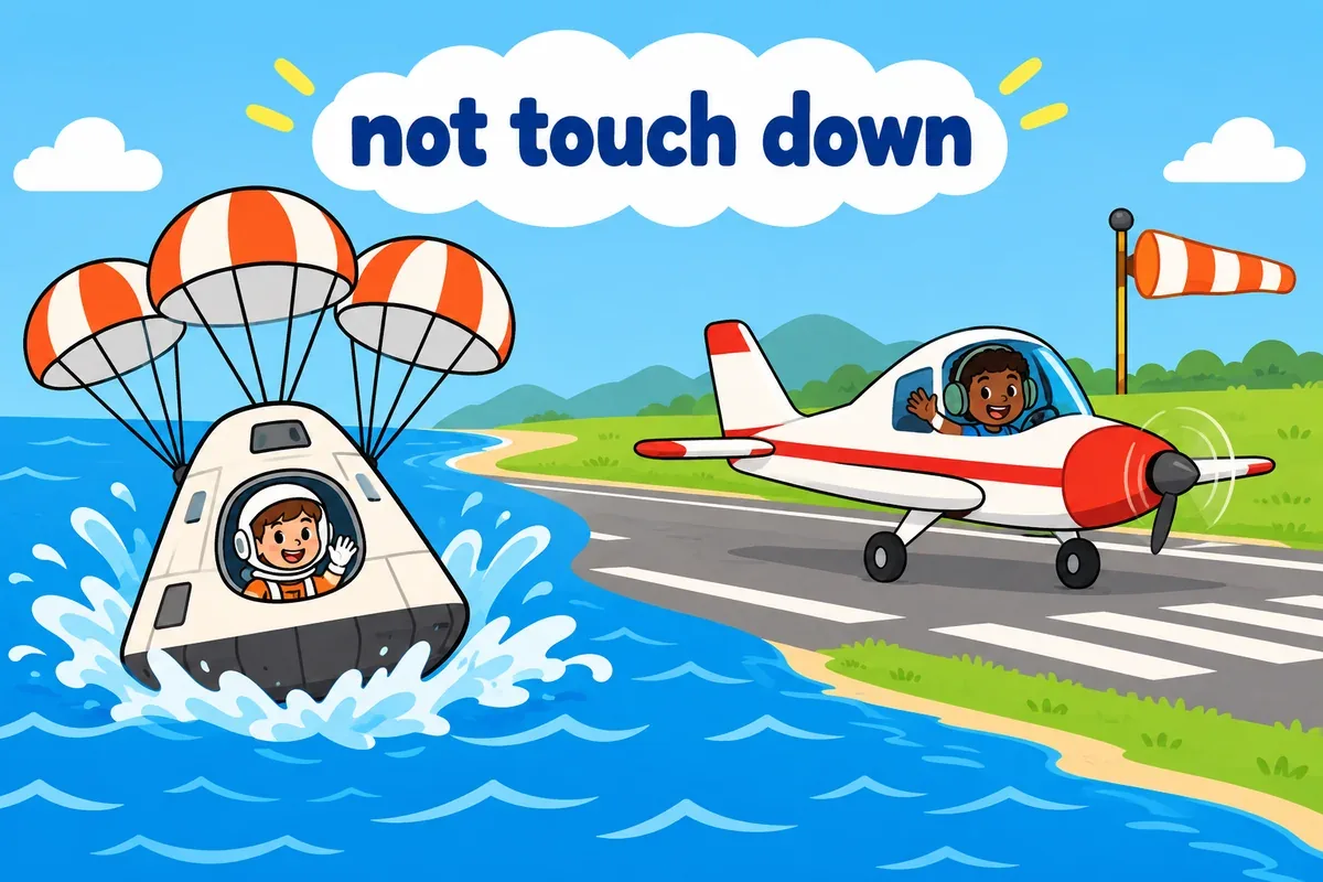 A single cartoon scene contrasts a capsule splashing into the sea with a plane touching down on a runway.