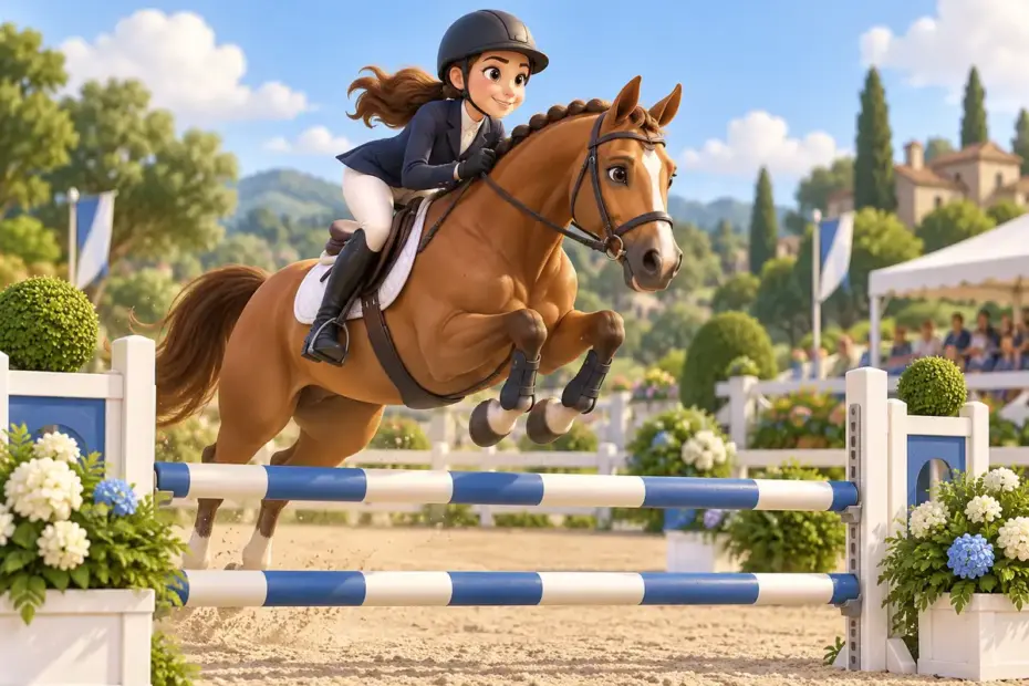 A rider and horse clear a low show-jumping fence in a bright arena.