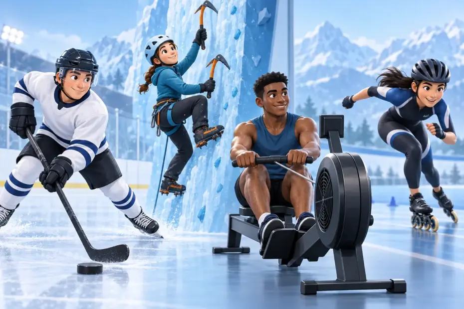 A hockey player, ice climber, indoor rower, and inline skater represent sports beginning with I.