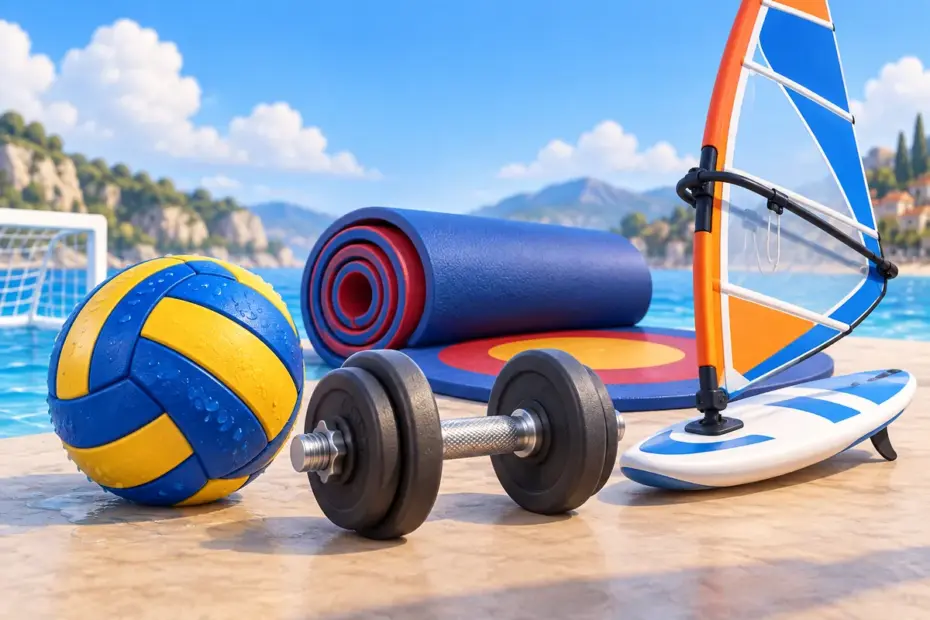 A blue water polo ball, small barbell, wrestling mat, and sailboard represent sports beginning with W.