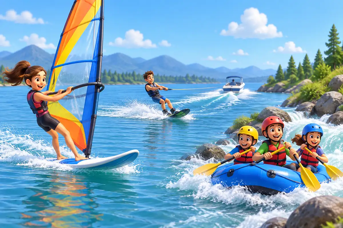 A cartoon windsurfer, a wakeboarder being towed by a boat, and helmeted rafters show three water sports beginning with W.