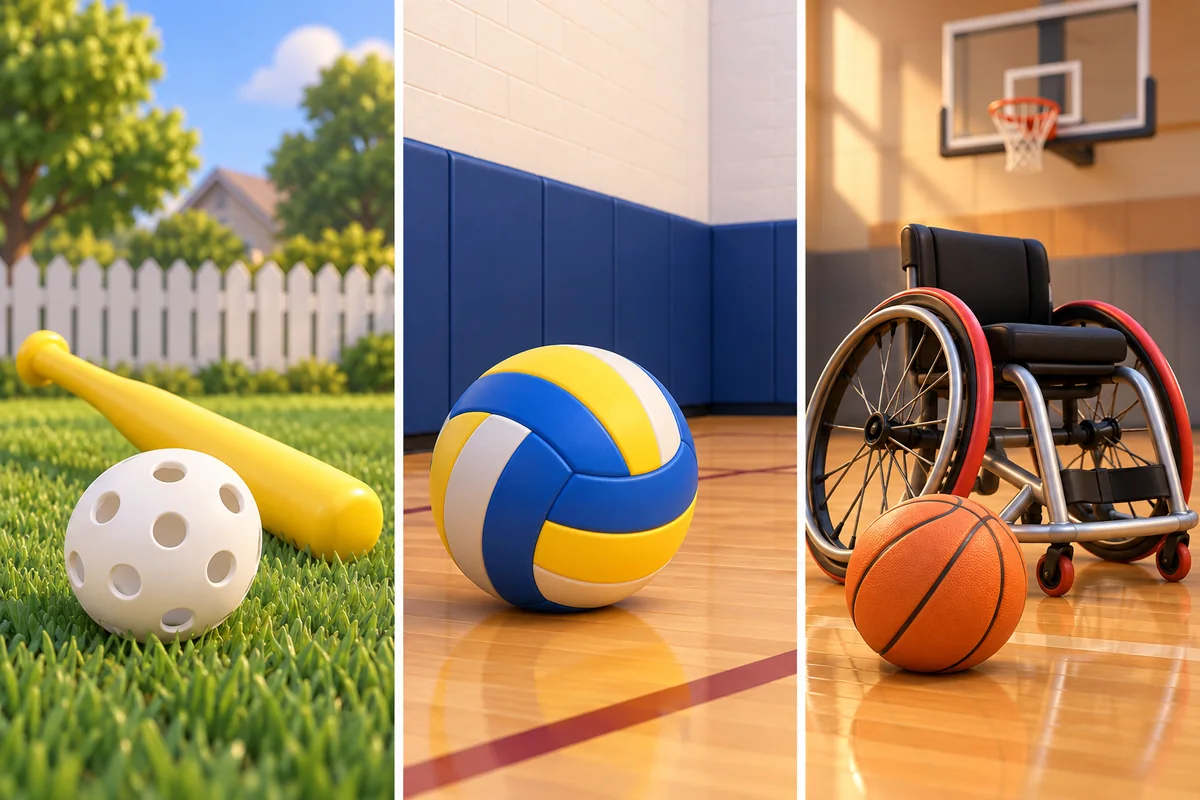 A perforated plastic ball and yellow bat, a volleyball on an indoor court, and a sports wheelchair with basketball represent W sports.