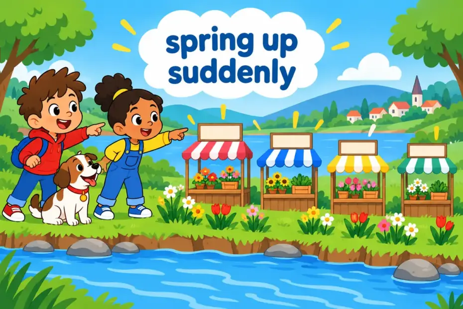 Cartoon children watch flowers and small stalls spring up along a riverbank, showing spring up in a sentence as sudden appearance.