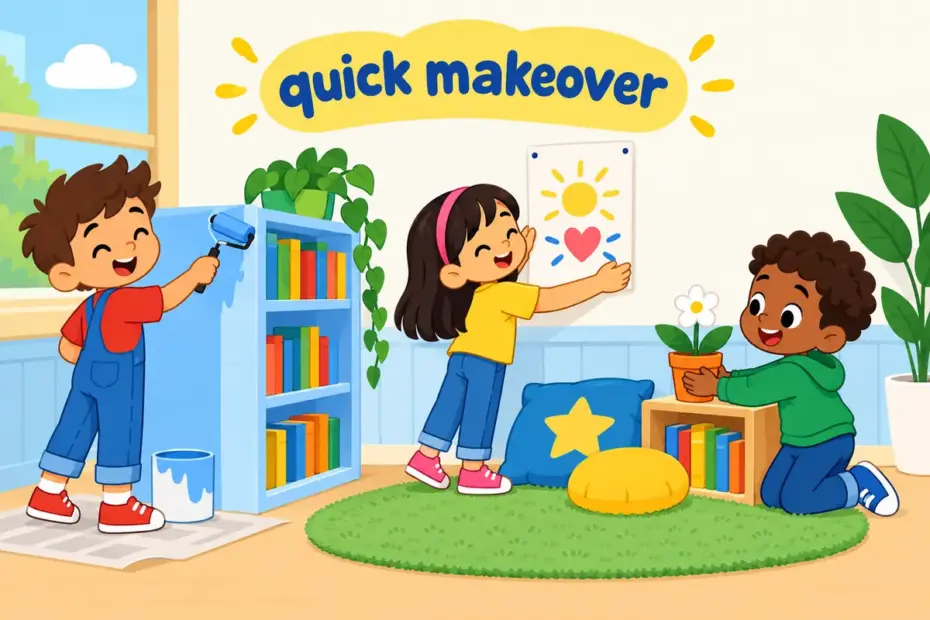 Cartoon children tidy a classroom corner with paint, cushions and flowers, showing spruce up in a sentence as a quick makeover.