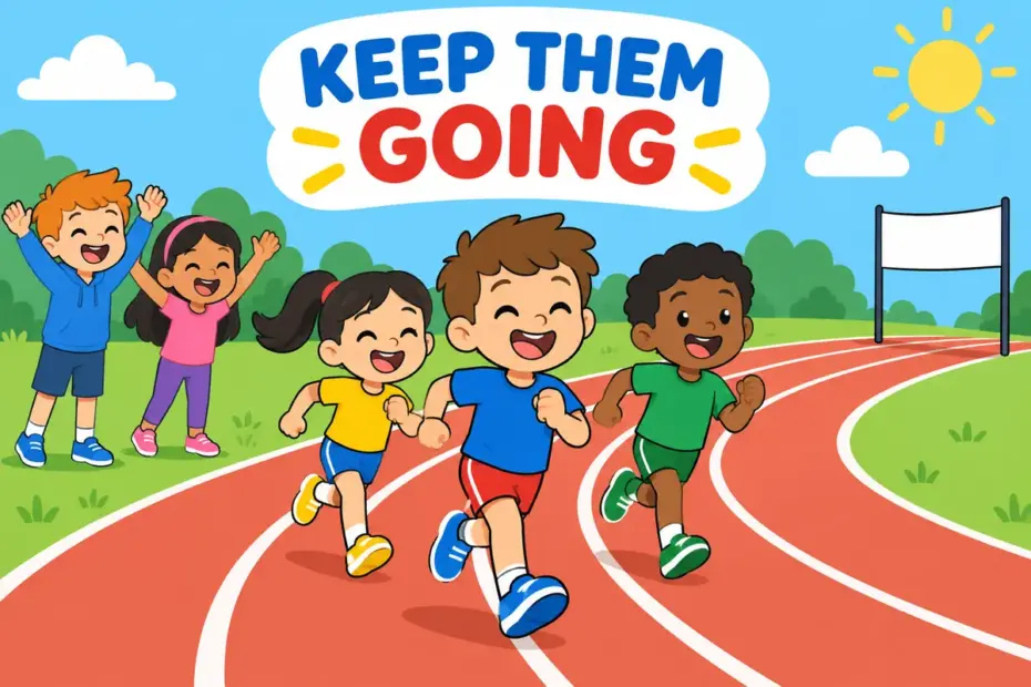 Cartoon runners round a track bend as friends cheer from the side, showing spur on in a sentence as encouragement to keep going.