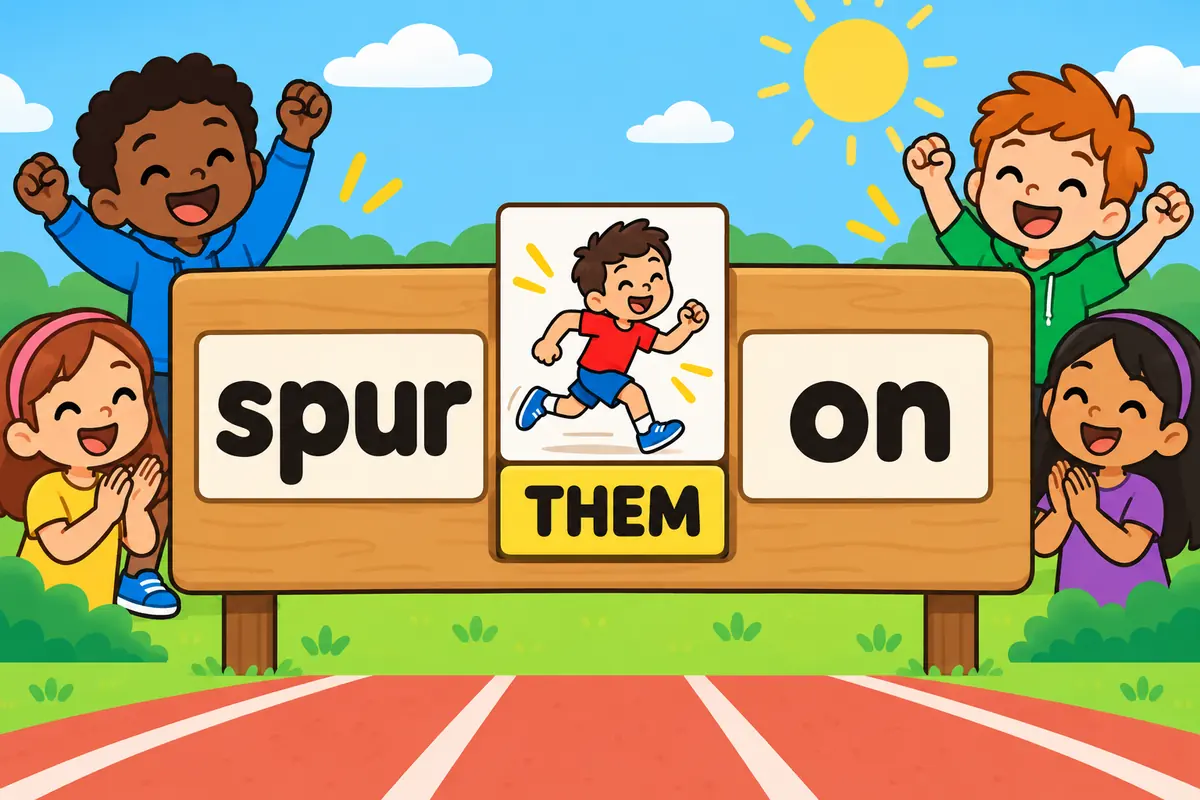 A cartoon board shows a person card slotted between spur and on, with a pronoun locked in the same gap.