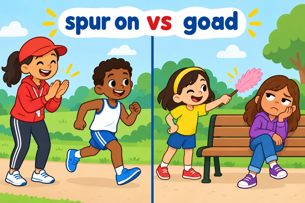 A split cartoon contrasts a cheering coach with a child poking a friend with a harmless stick.