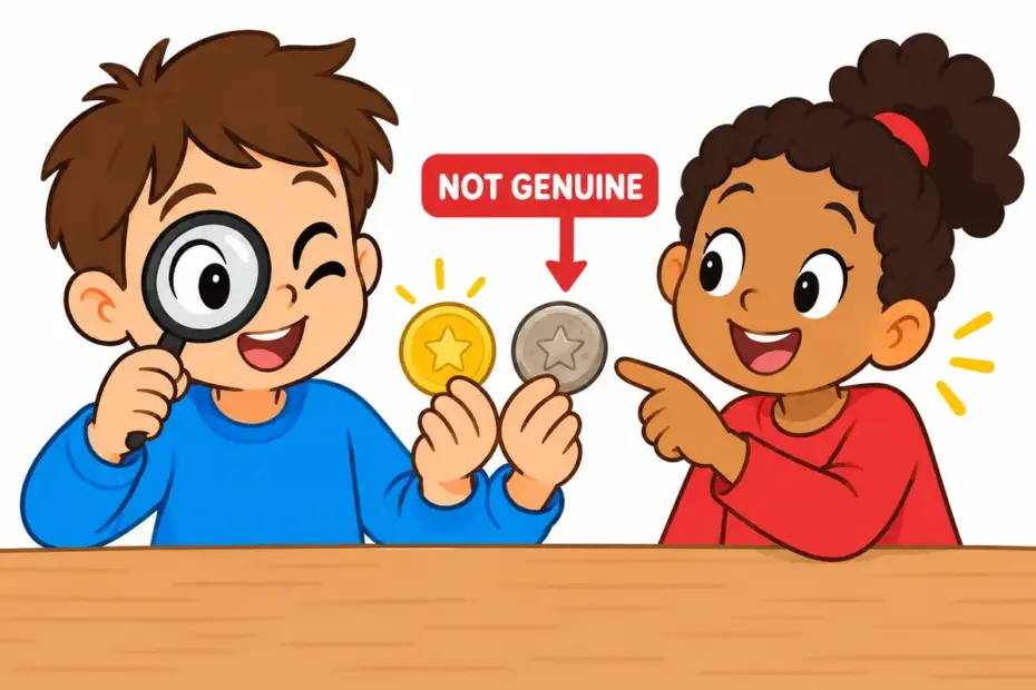 A cartoon child holds a fake gold coin up to the light, showing spurious in a sentence as something not genuine.