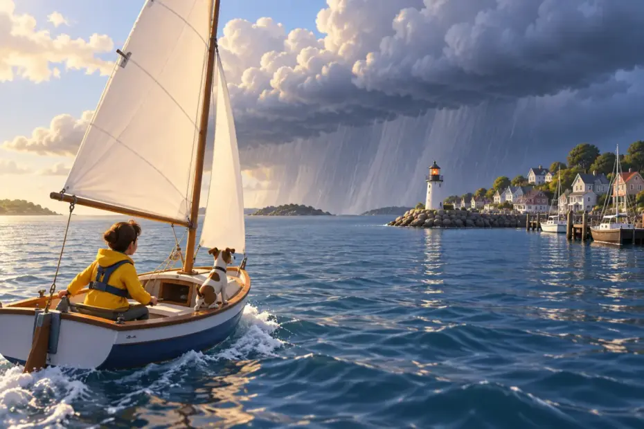 A sailboat heads toward harbor as a brief wind-driven squall crosses the water.