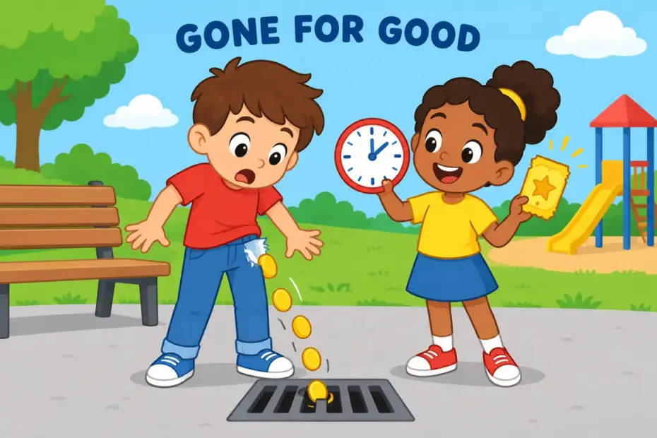 Cartoon children watch coins slip through a torn pocket, showing squander in a sentence as a careless loss of money.
