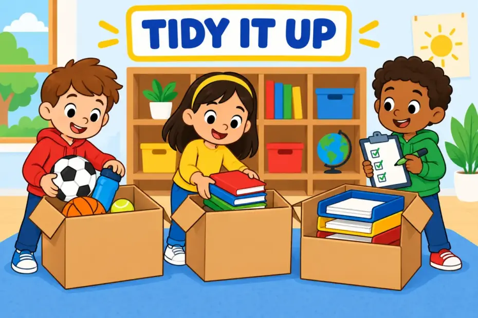 Cartoon pupils square away sports kit and books into labelled boxes, showing square away in a sentence as getting things in order.