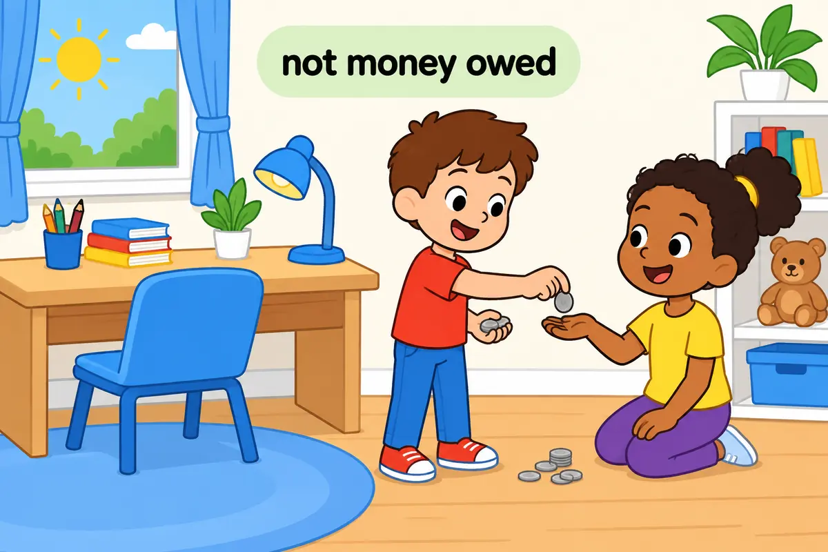 A single unified cartoon scene contrasts a tidy finished desk with a small pile of coins being counted and paid.