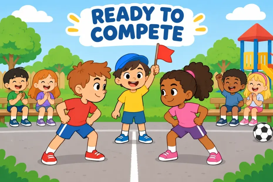Cartoon children face each other on a chalk line, illustrating square off in a sentence as preparing to compete.