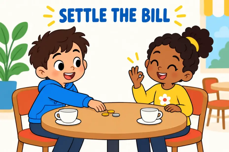 Cartoon friends hand coins across a cafe table to settle a shared bill, illustrating square up in a sentence as making things even.