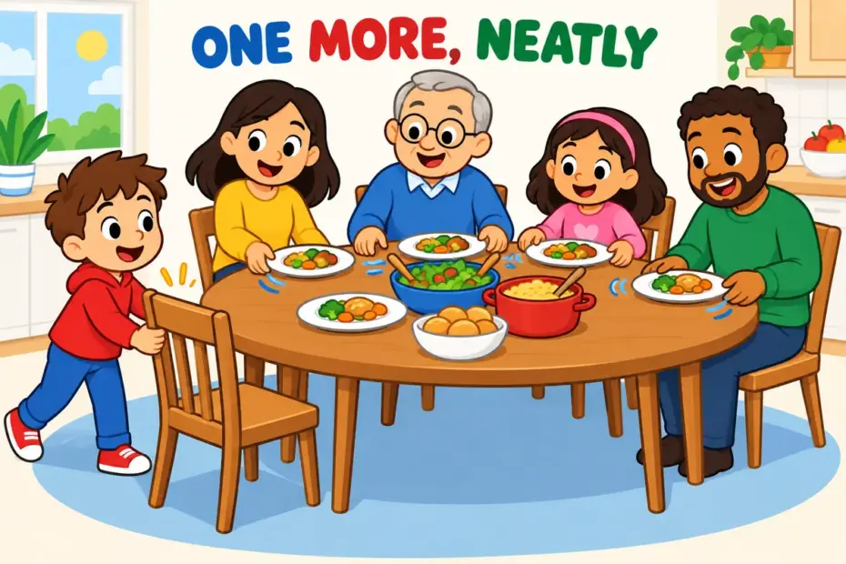 Cartoon child squeezes in one extra chair at a crowded table, showing squeeze in in a sentence as finding room.