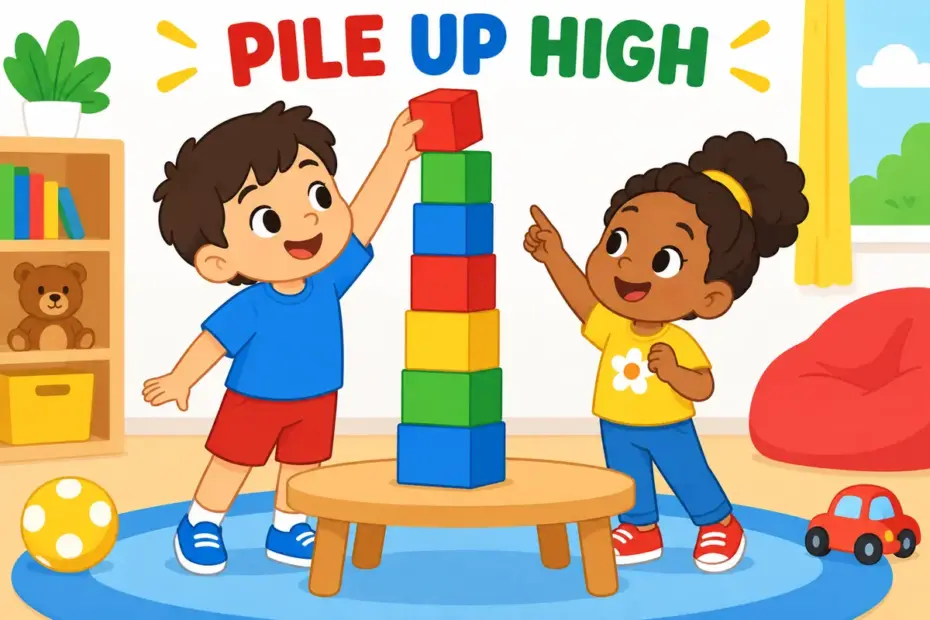 Cartoon children watch a tower of blocks stack up, showing stack up in a sentence as things accumulating into a pile.