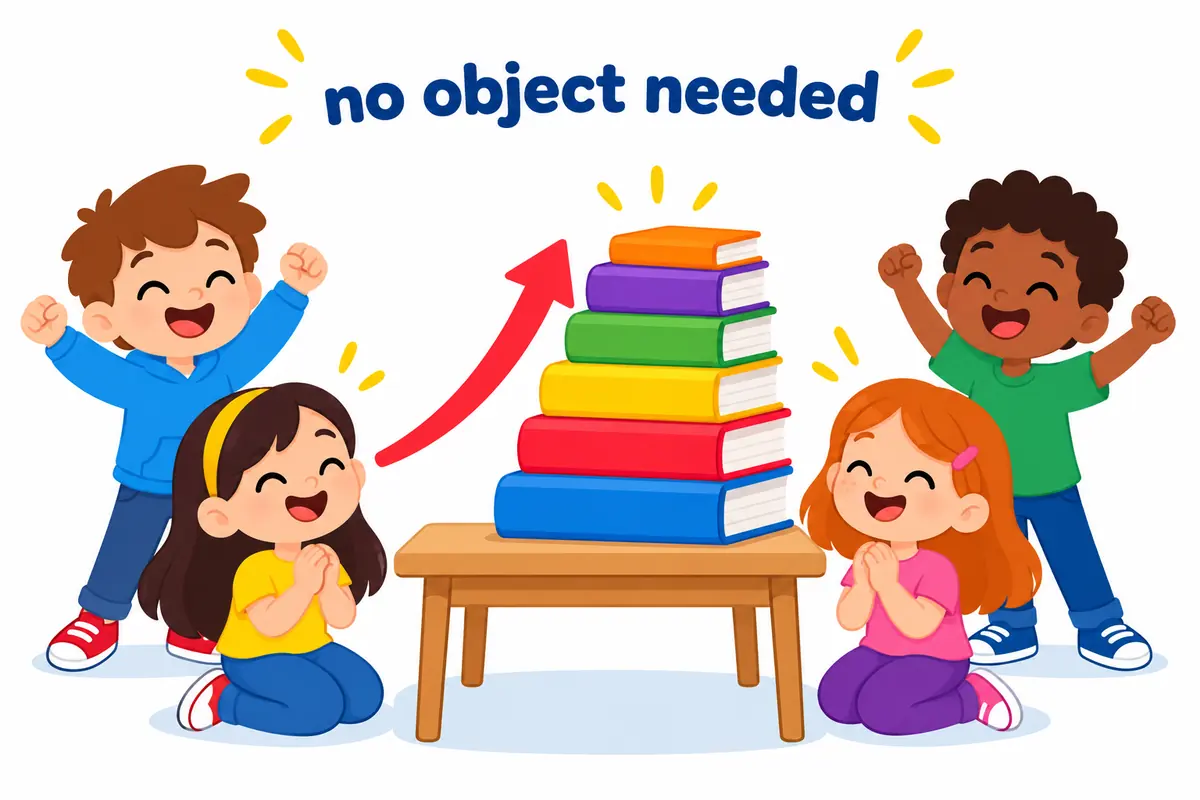 A cartoon stack of books grows taller on a table while a friendly arrow shows the pile rising over time.