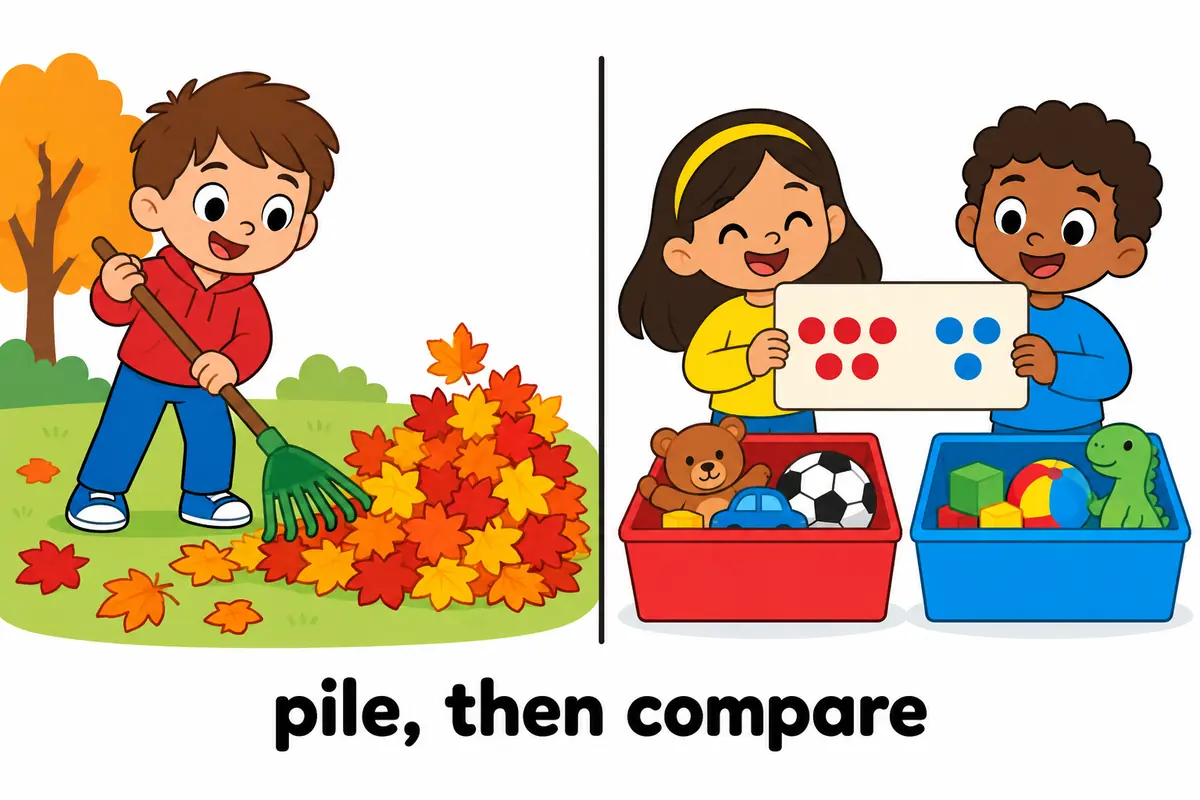 A cartoon split scene contrasts a rising heap of leaves with a scorecard comparing two objects side by side.