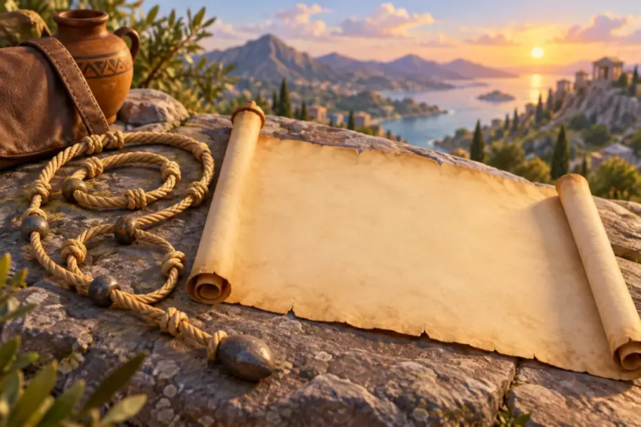 An ancient-style measuring cord lies beside a blank parchment map.