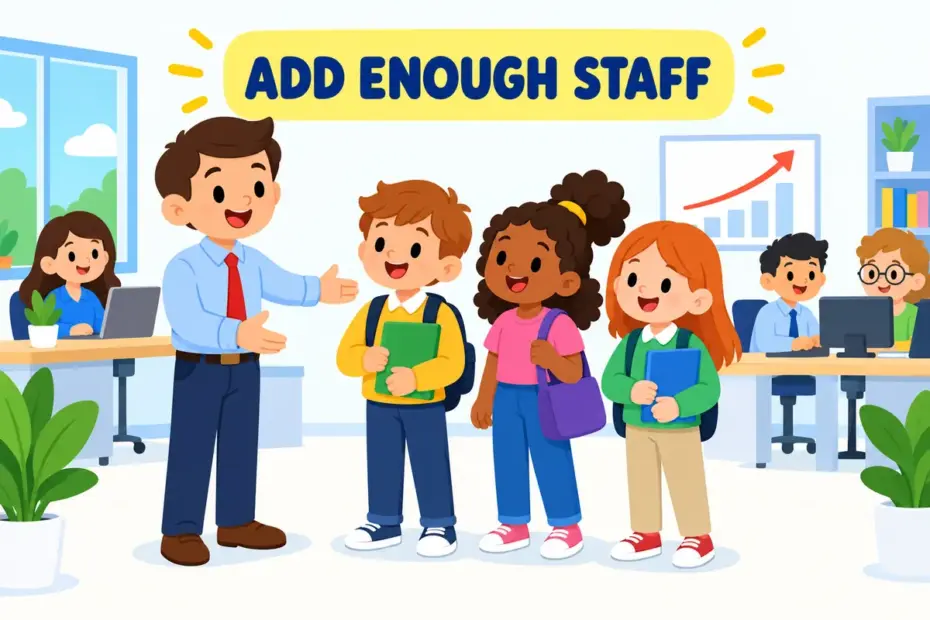 Cartoon workers join a busy shop counter and a hospital desk, showing staff up in a sentence as growing the team.