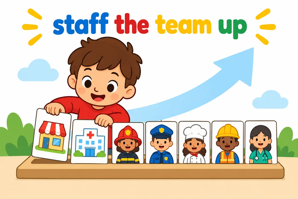 Cartoon cards show a shop and a hospital joining a row of worker cards with an upward arrow.