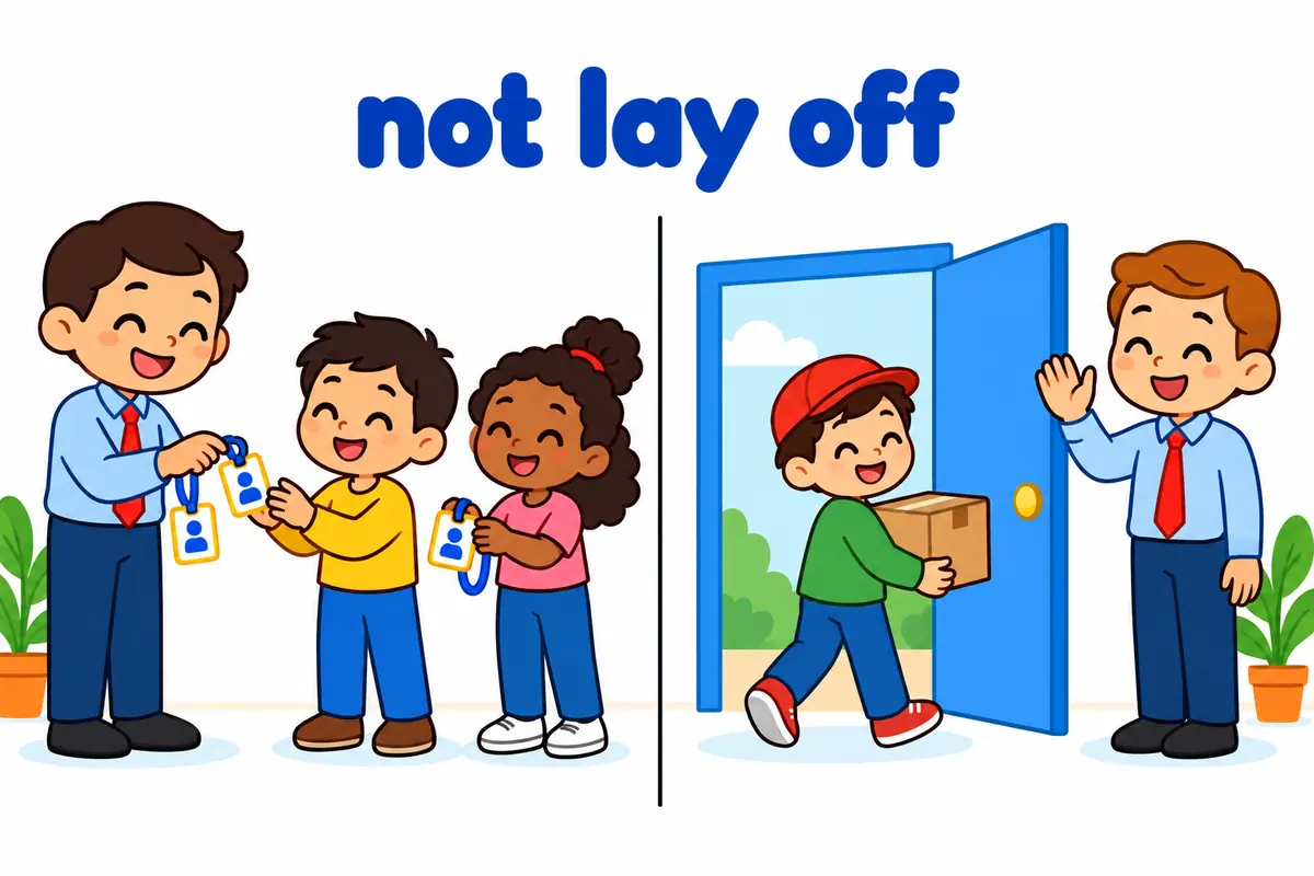 A cartoon split scene contrasts a manager welcoming new workers with a worker leaving an office.