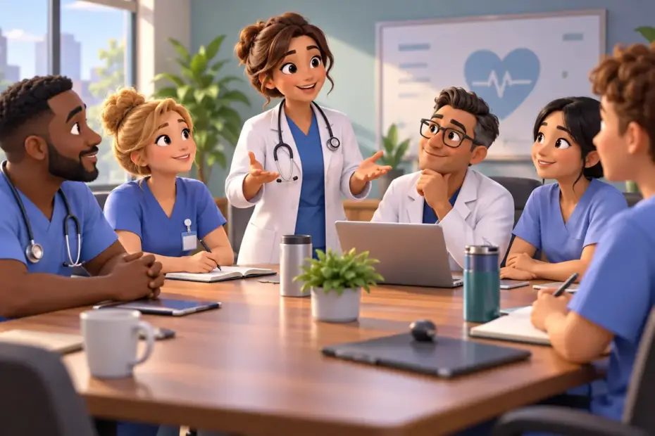 Hospital employees gather around a meeting table.