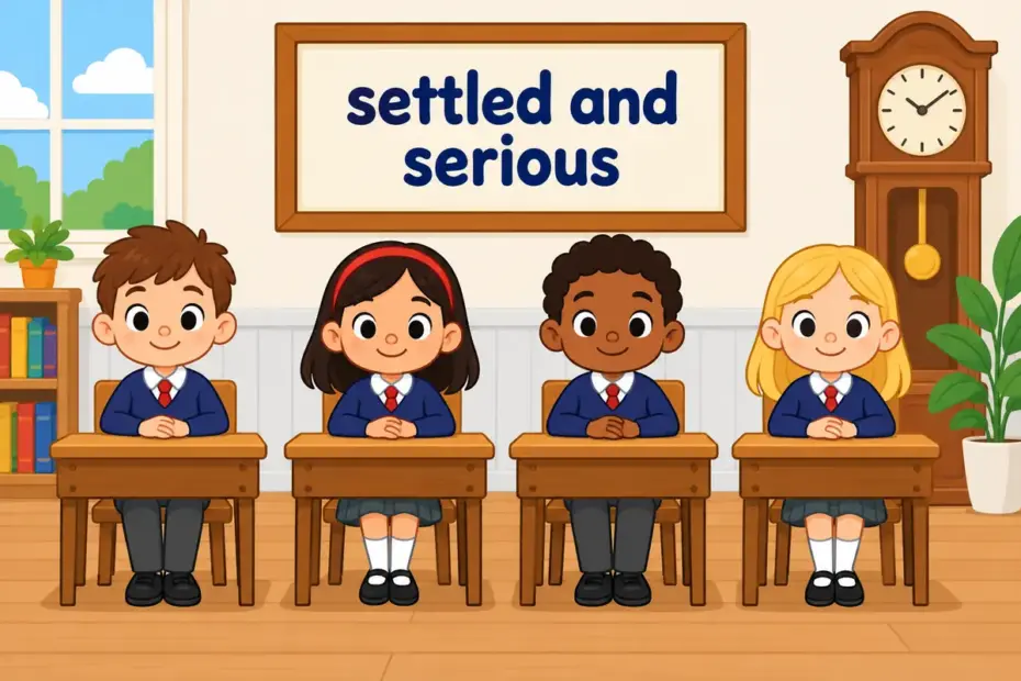 Cartoon children sit quietly in a neat old-fashioned classroom, showing staid in a sentence as a settled and serious style.