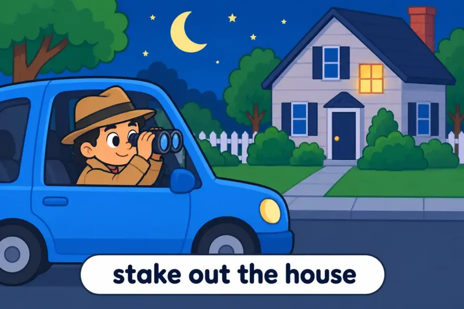 A cartoon detective peers from a parked car at a quiet house, showing stake out in a sentence as a night of quiet watching.