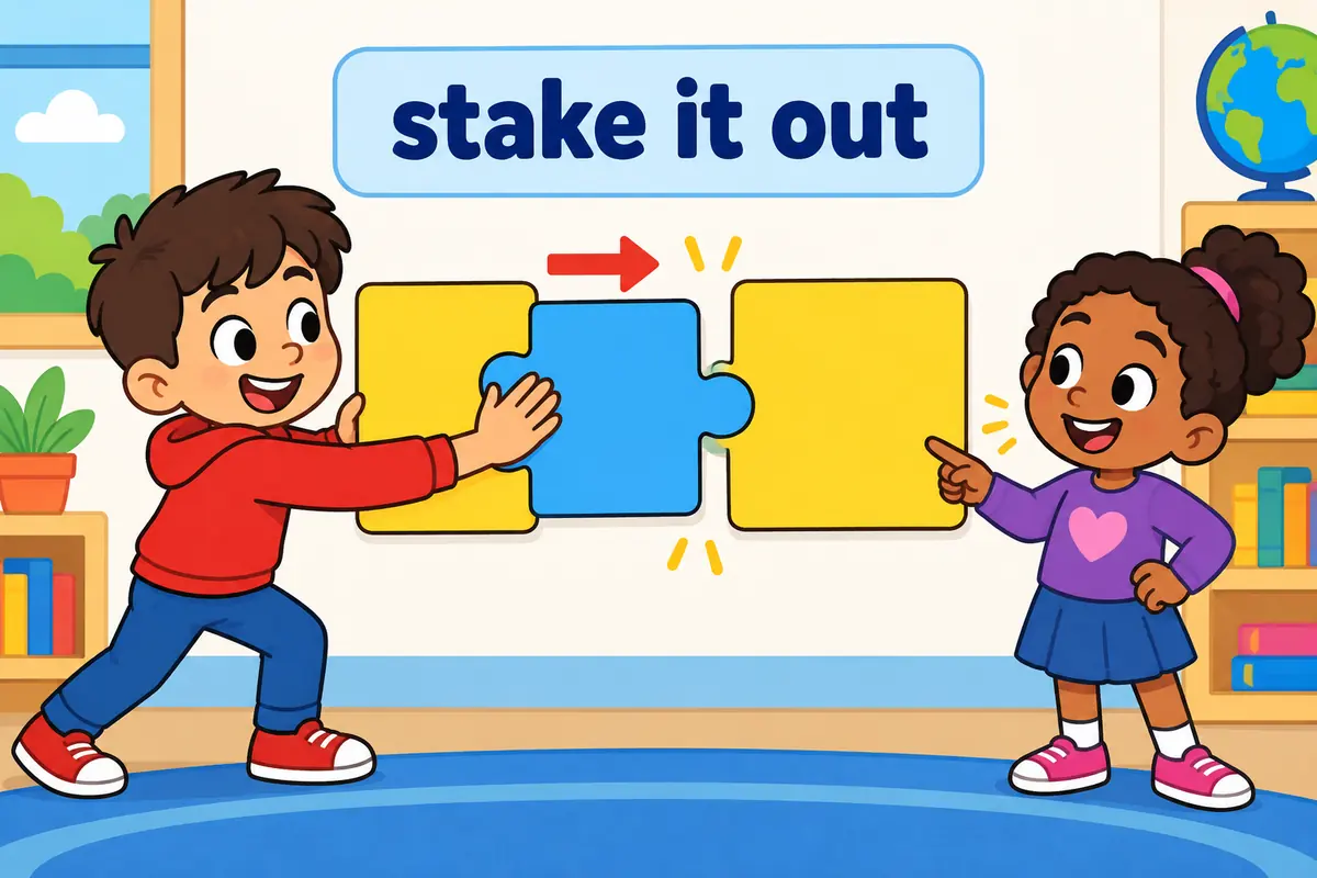 A cartoon child slots a pronoun card labelled it between the words stake and out on a chart.