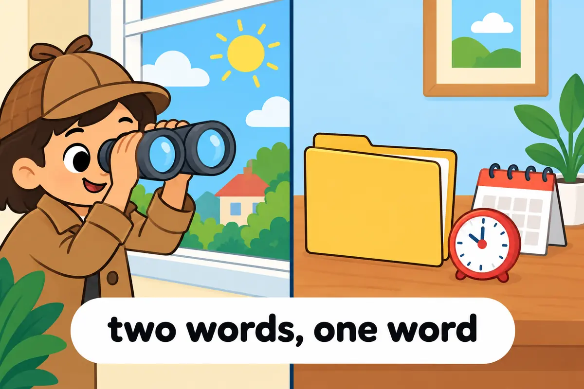 A cartoon split scene shows a detective watching a building through a window while a closed folder and a clock sit beside a calendar.