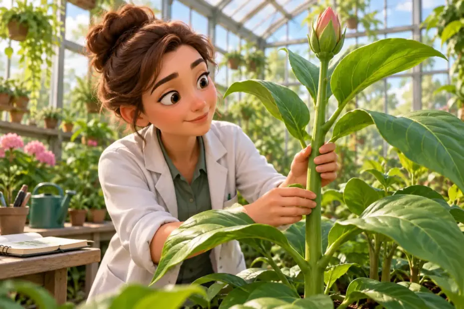 A botanist examines a sturdy green plant stalk in a sunlit greenhouse.