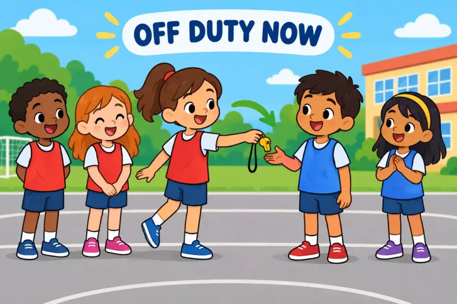 Cartoon child hands a whistle to a friend and steps back, showing stand down in a sentence as leaving a role.