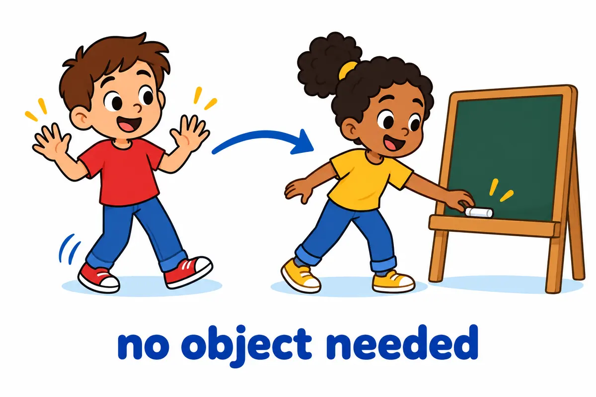 A cartoon child steps back from a task with open empty hands, teaching that stand down takes no object.