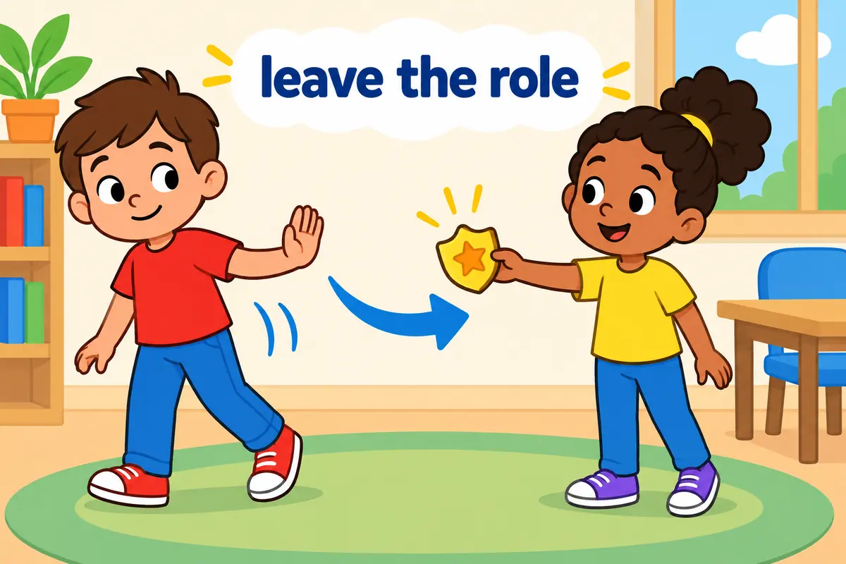 A single unified cartoon scene contrasts a child stepping back from a duty with a child handing over a badge.
